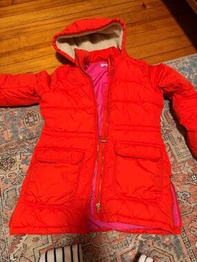 J. Crew Bright Red Hooded Puffer Coat with Pink Lining